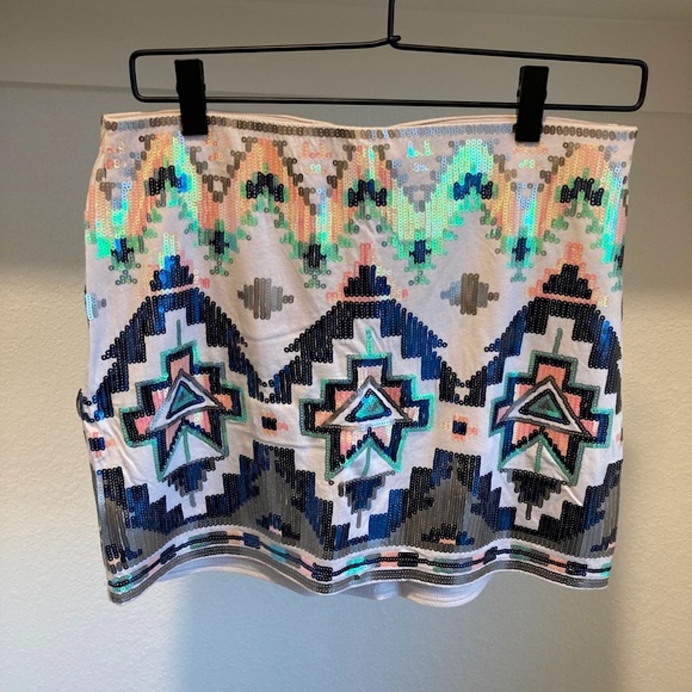 Express High Waist Tan Sequin Beaded Aztec Tribal‎ Mini Skirt Small